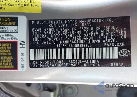 2016 Toyota Avalon Xle z USA, uszkodzony, nr VIN 4T1BK1EB1GU194488